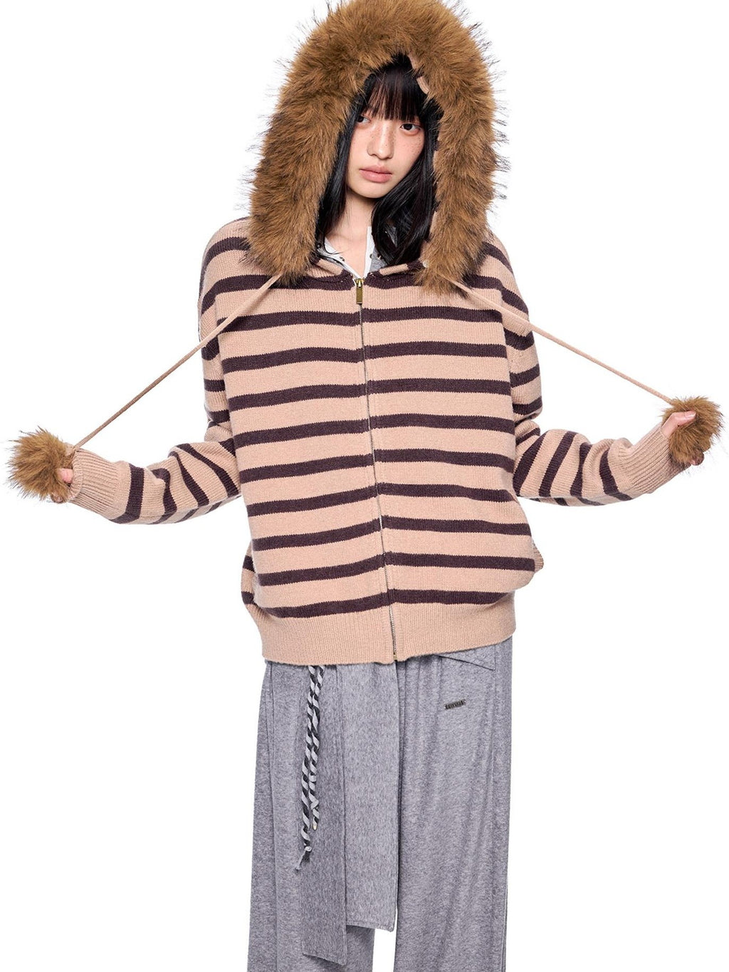 EZEK Fur Collar Striped Contrast Hooded Zipper Knit Women's Cardigans