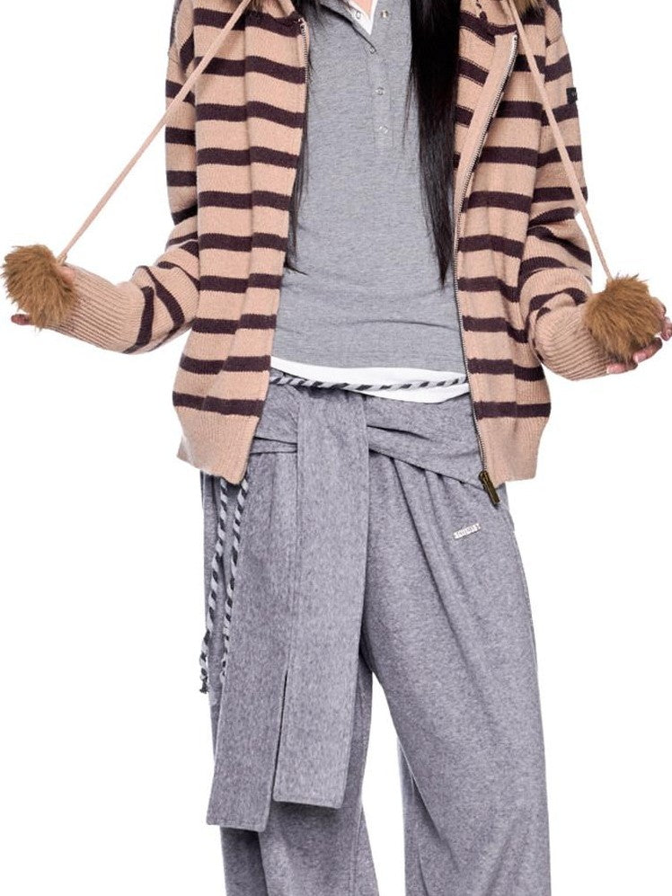 EZEK Fur Collar Striped Contrast Hooded Zipper Knit Women's Cardigans