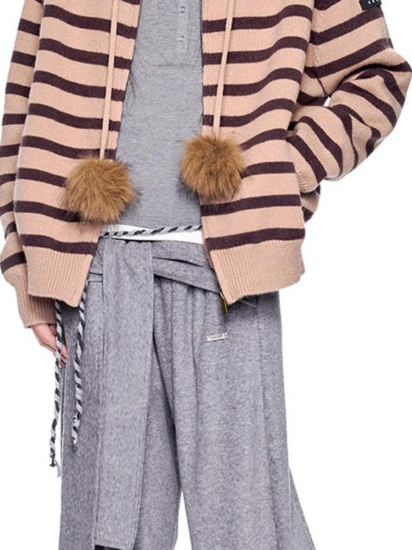 EZEK Fur Collar Striped Contrast Hooded Zipper Knit Women's Cardigans