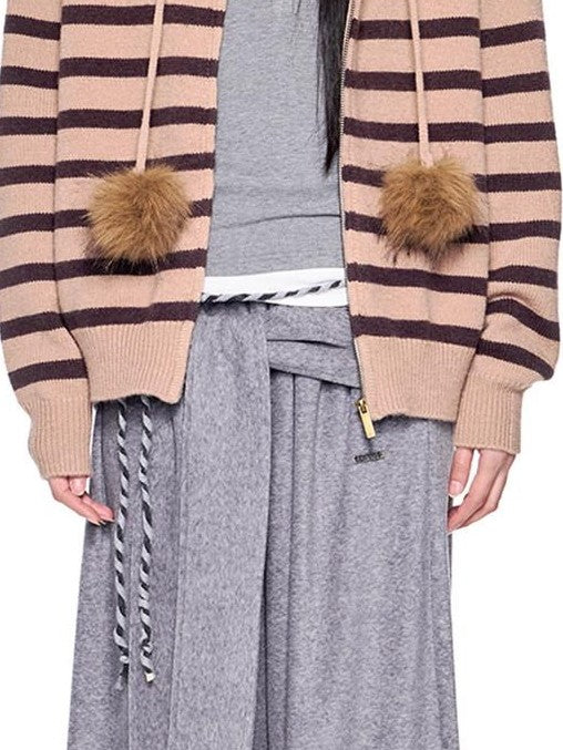 EZEK Fur Collar Striped Contrast Hooded Zipper Knit Women's Cardigans