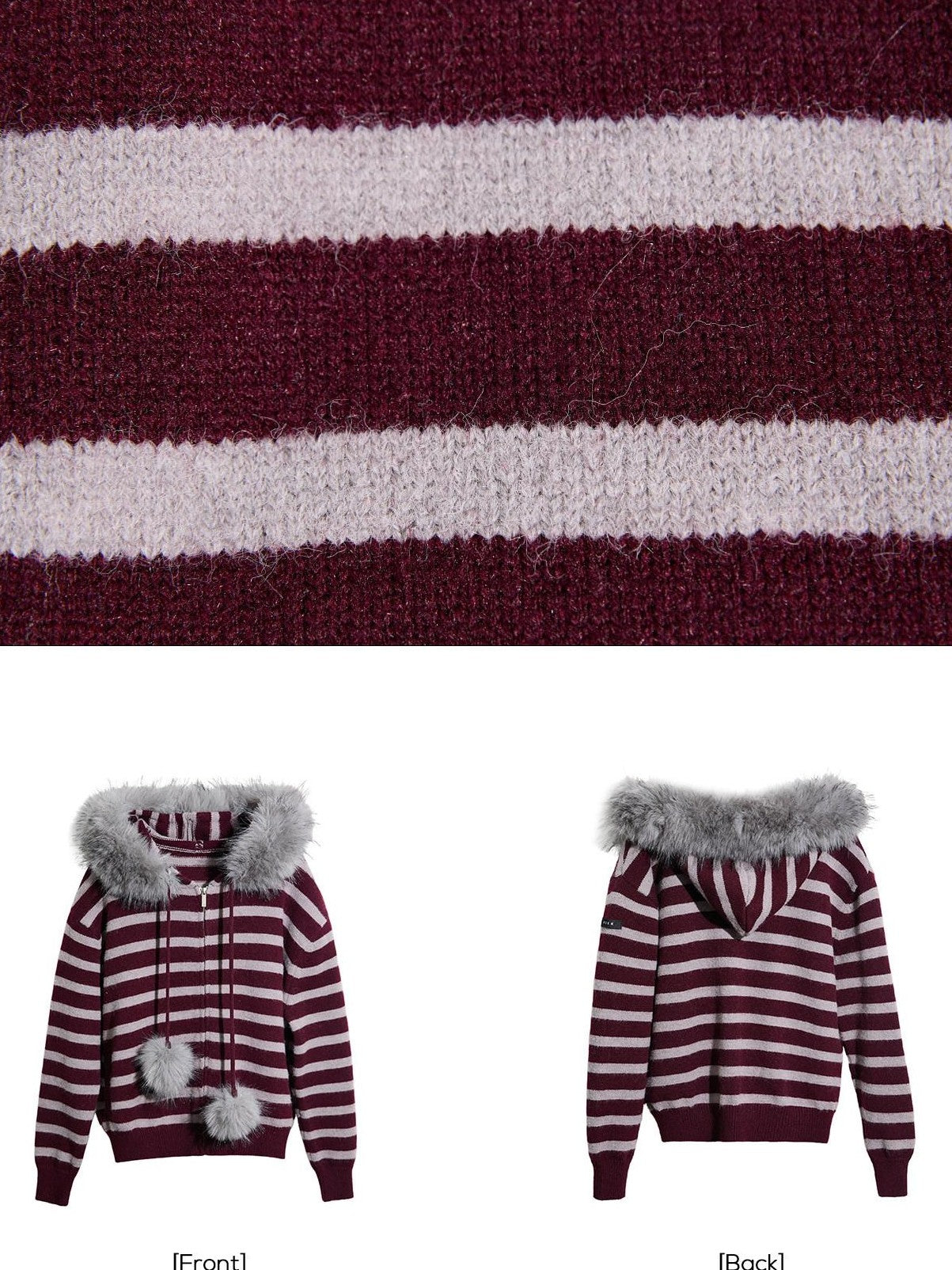 EZEK Fur Collar Striped Contrast Hooded Zipper Knit Women's Cardigans