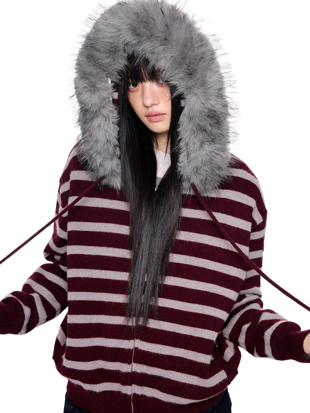 EZEK Fur Collar Striped Contrast Hooded Zipper Knit Women's Cardigans