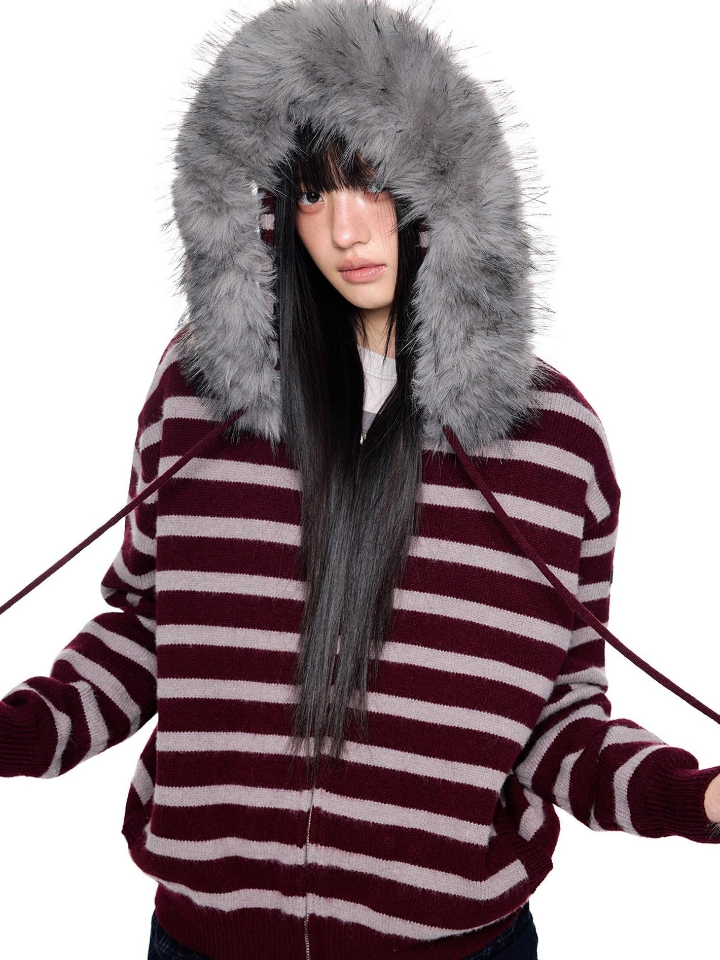 EZEK Fur Collar Striped Contrast Hooded Zipper Knit Women's Cardigans