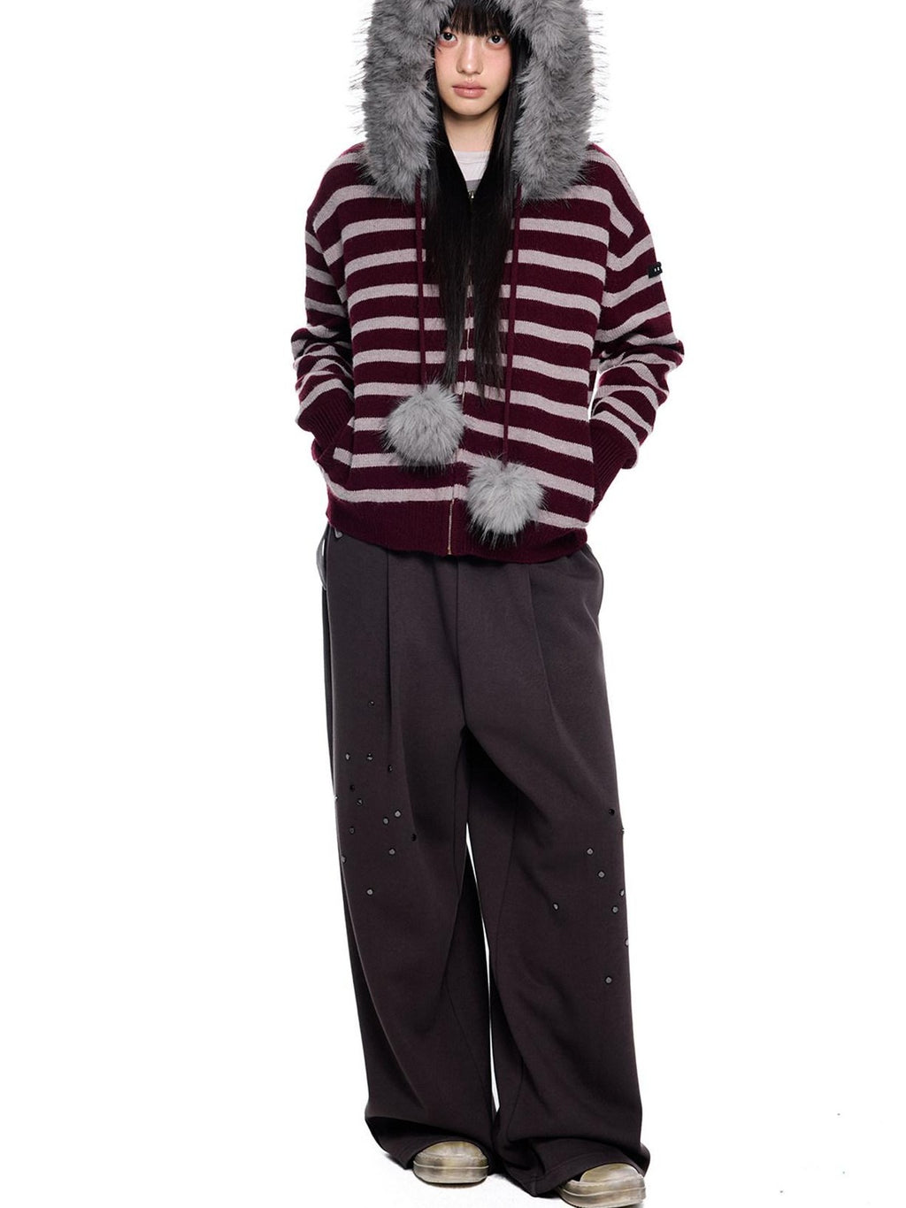 EZEK Fur Collar Striped Contrast Hooded Zipper Knit Women's Cardigans