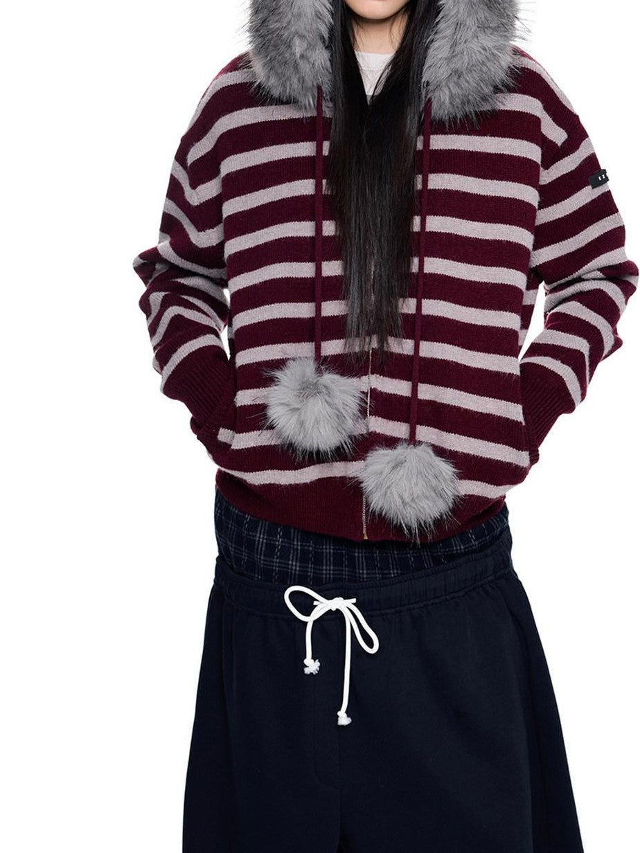 EZEK Fur Collar Striped Contrast Hooded Zipper Knit Women's Cardigans