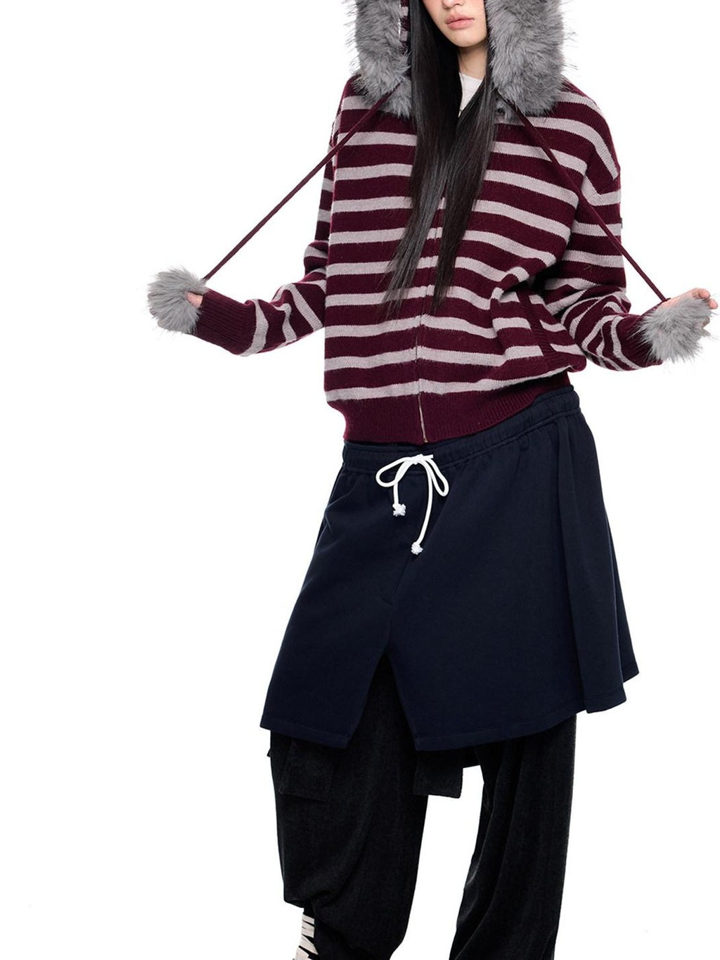 EZEK Fur Collar Striped Contrast Hooded Zipper Knit Women's Cardigans