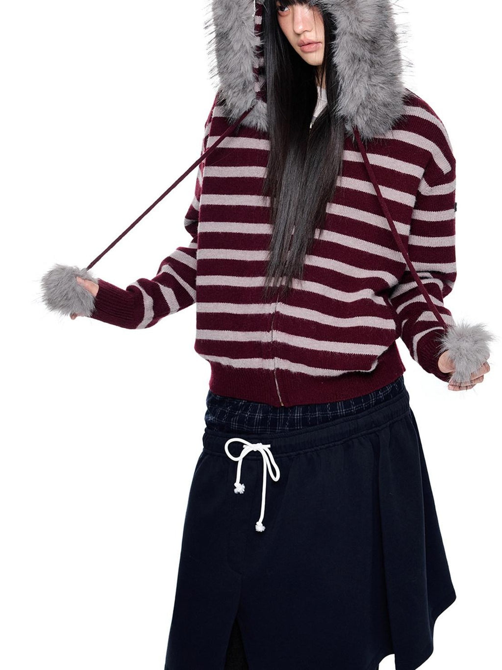 EZEK Fur Collar Striped Contrast Hooded Zipper Knit Women's Cardigans