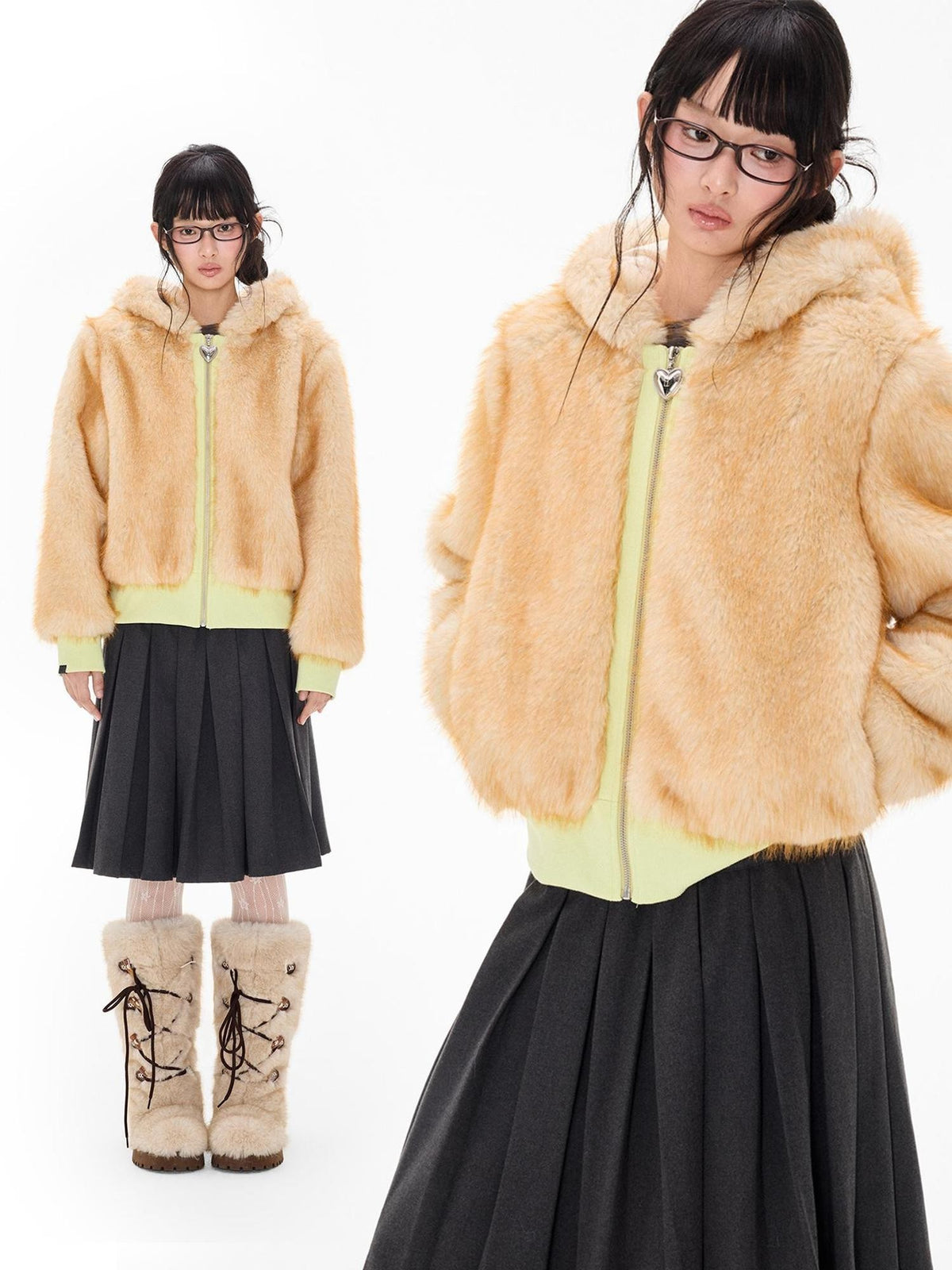 EZEK Fuzzy Fleece Color Block Cropped Pocket Women's Polyester Zip-up Hoodies