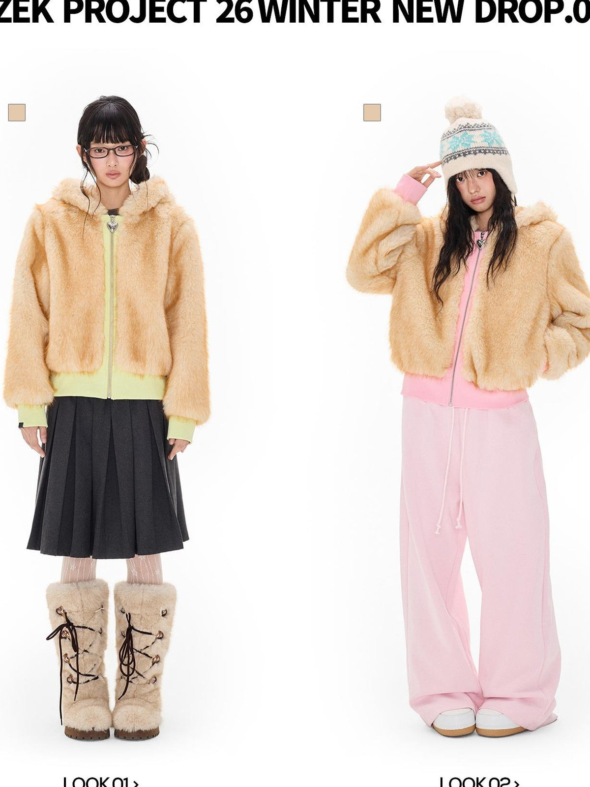 EZEK Fuzzy Fleece Color Block Cropped Pocket Women's Polyester Zip-up Hoodies