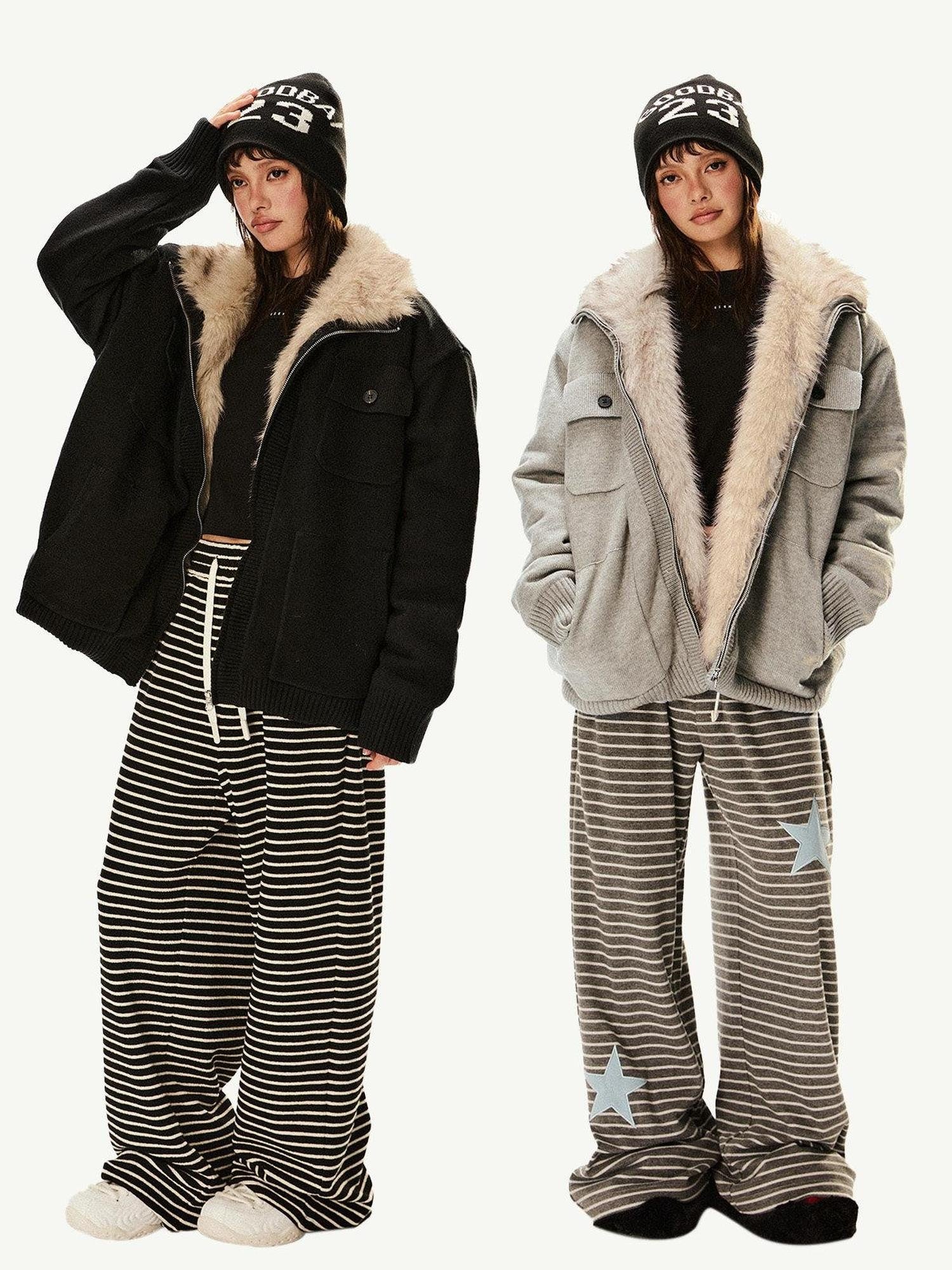 EZEK Fuzzy Solid Knit Stand Collar Zippered Women's Cotton Puffer Jackets