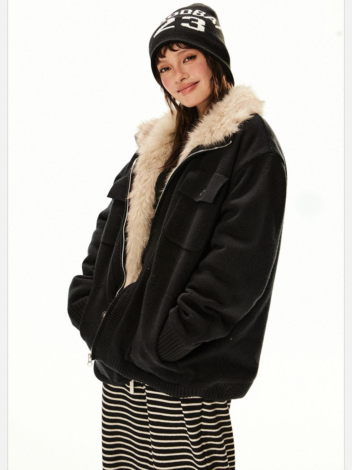 EZEK Fuzzy Solid Knit Stand Collar Zippered Women's Cotton Puffer Jackets