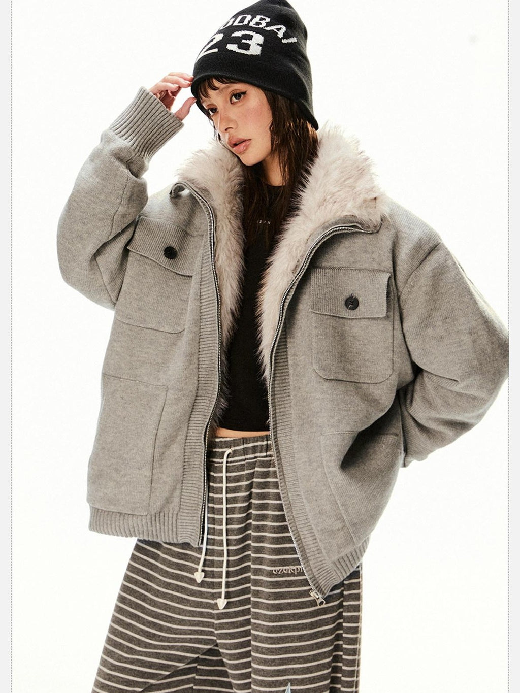 EZEK Fuzzy Solid Knit Stand Collar Zippered Women's Cotton Puffer Jackets