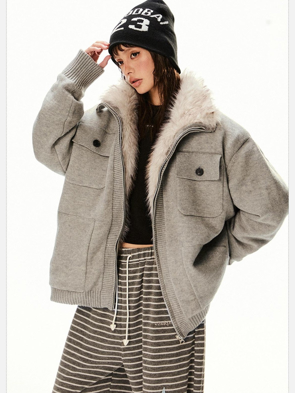 EZEK Fuzzy Solid Knit Stand Collar Zippered Women's Cotton Puffer Jackets