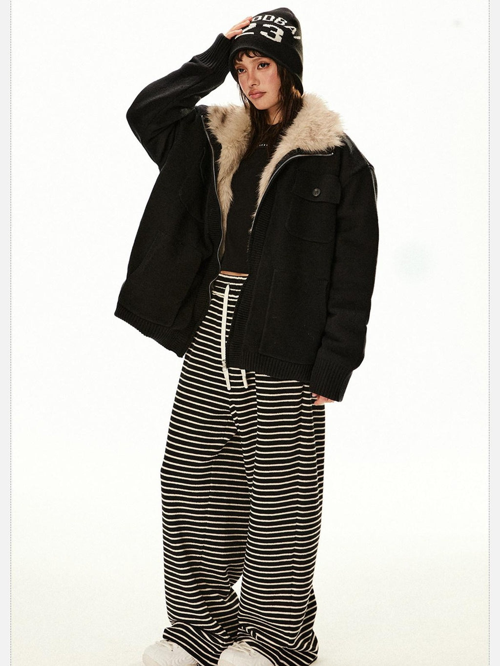 EZEK Fuzzy Solid Knit Stand Collar Zippered Women's Cotton Puffer Jackets