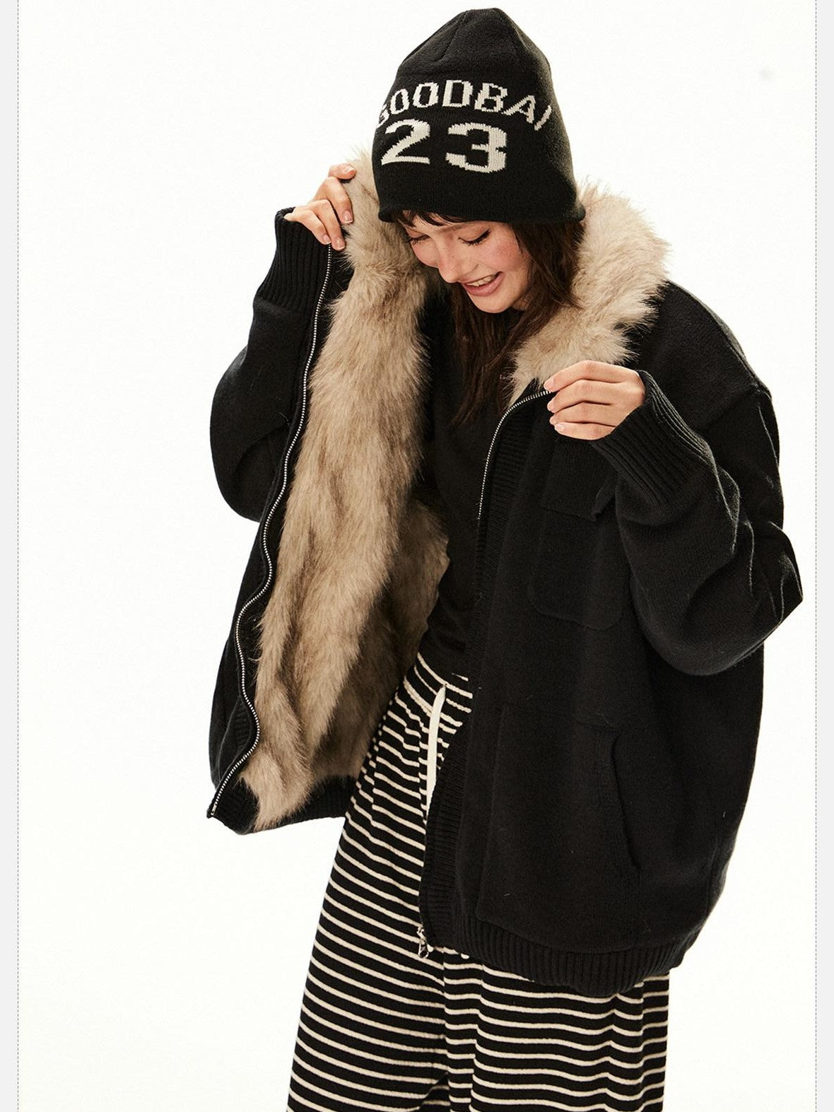 EZEK Fuzzy Solid Knit Stand Collar Zippered Women's Cotton Puffer Jackets
