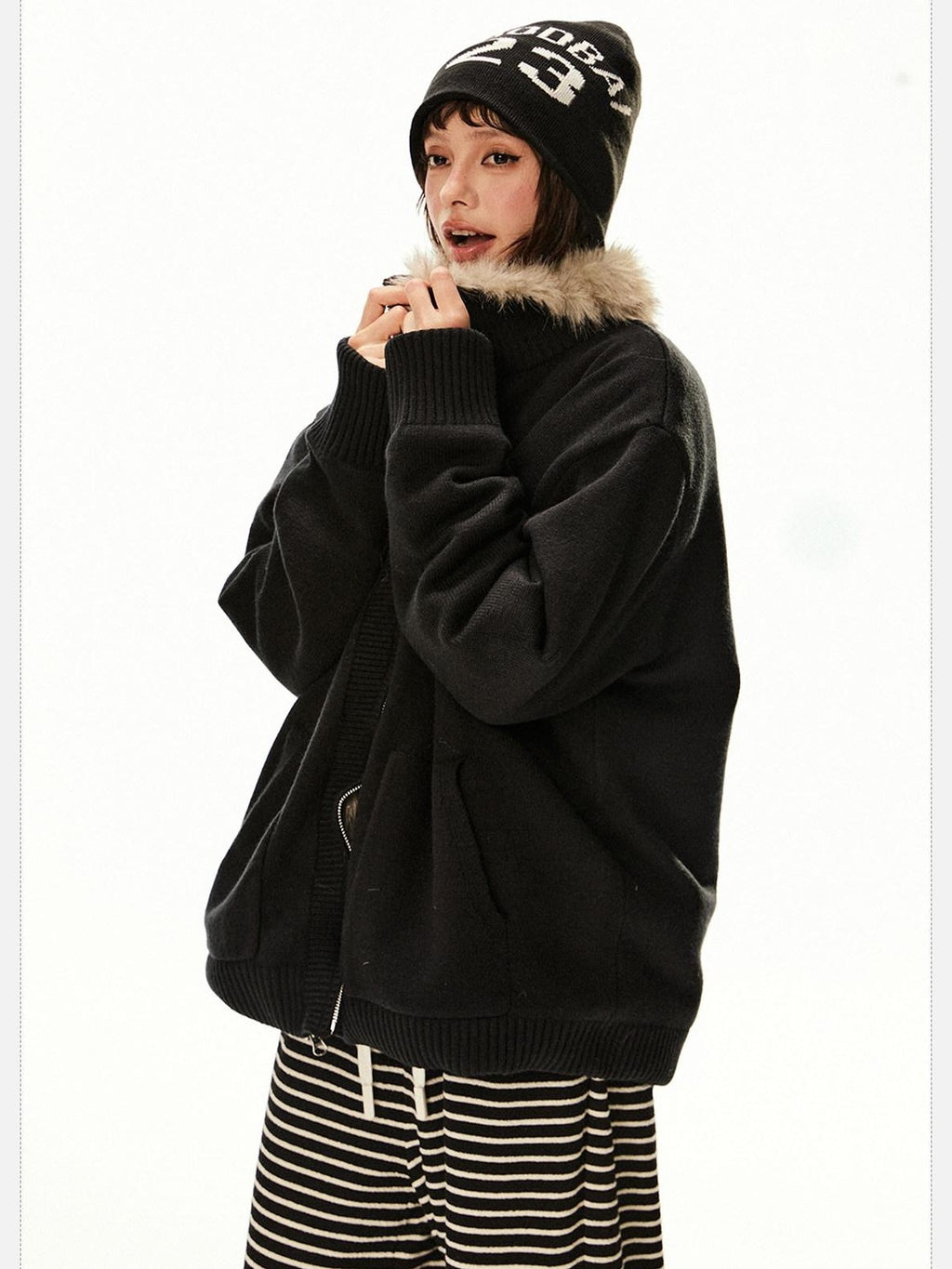 EZEK Fuzzy Solid Knit Stand Collar Zippered Women's Cotton Puffer Jackets