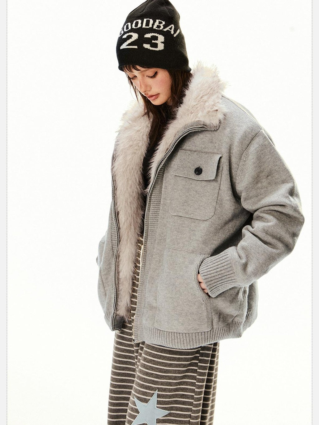 EZEK Fuzzy Solid Knit Stand Collar Zippered Women's Cotton Puffer Jackets