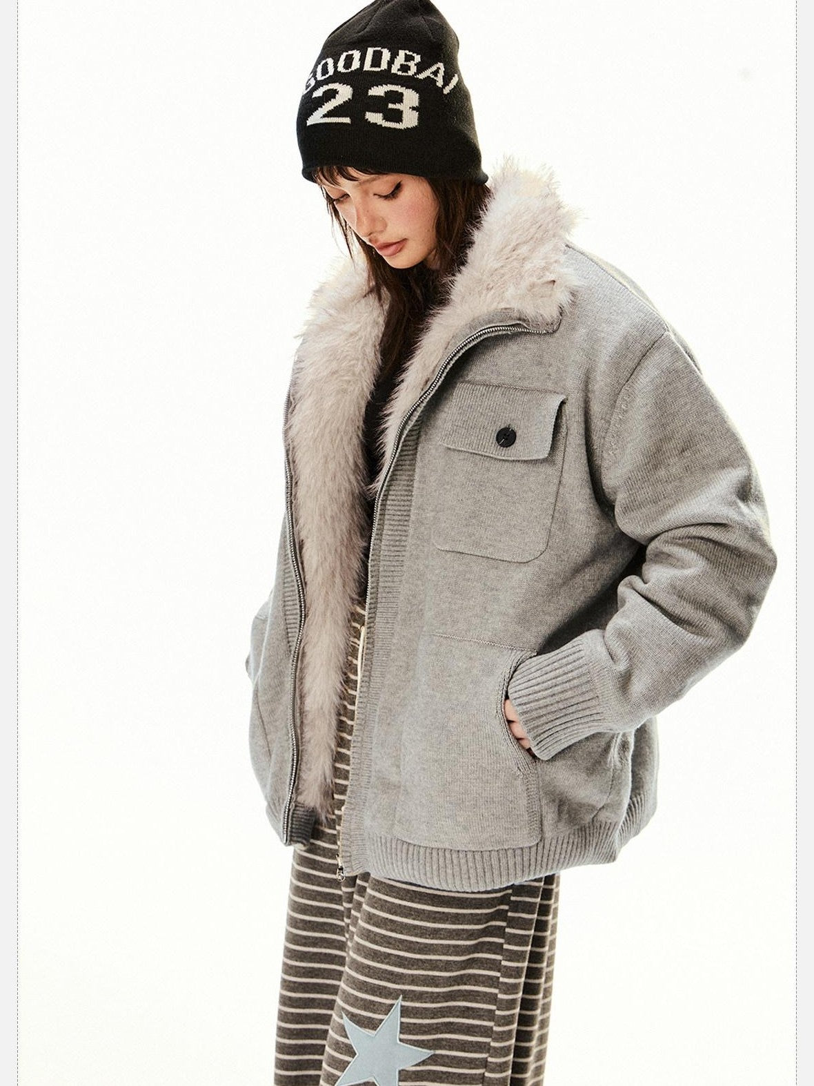 EZEK Fuzzy Solid Knit Stand Collar Zippered Women's Cotton Puffer Jackets