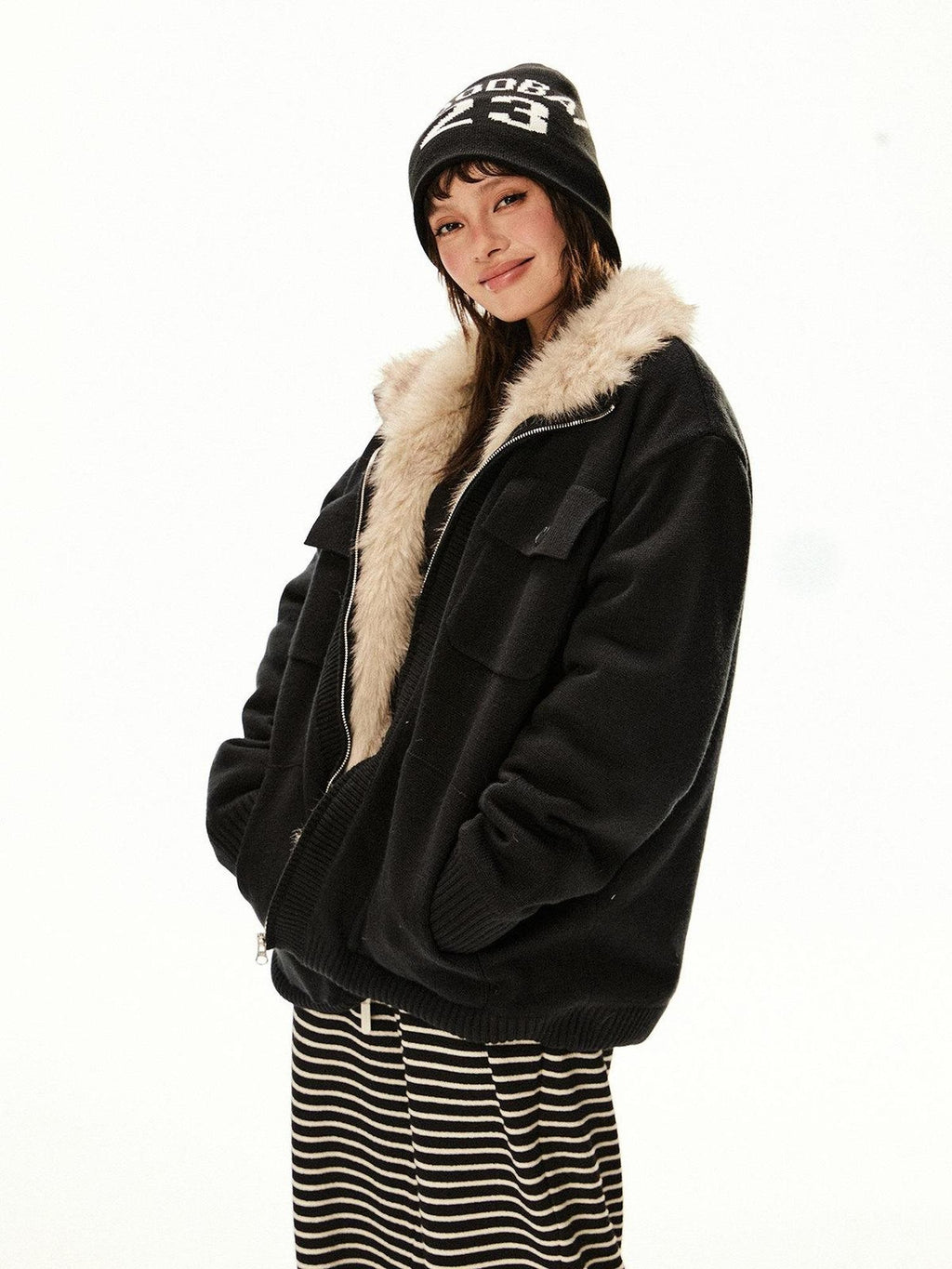 EZEK Fuzzy Solid Knit Stand Collar Zippered Women's Cotton Puffer Jackets