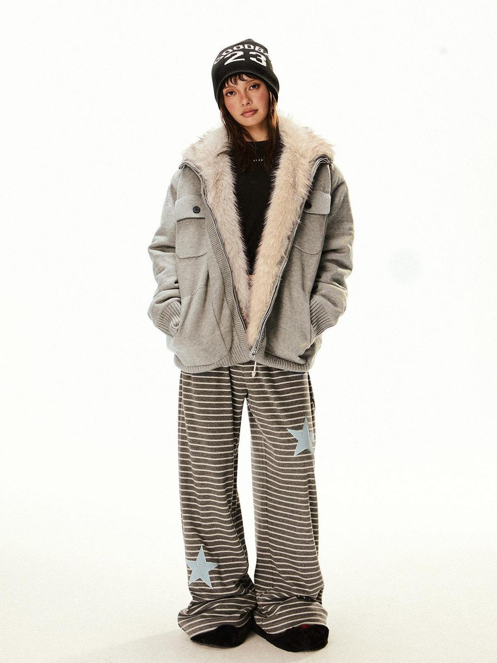 EZEK Fuzzy Solid Knit Stand Collar Zippered Women's Cotton Puffer Jackets