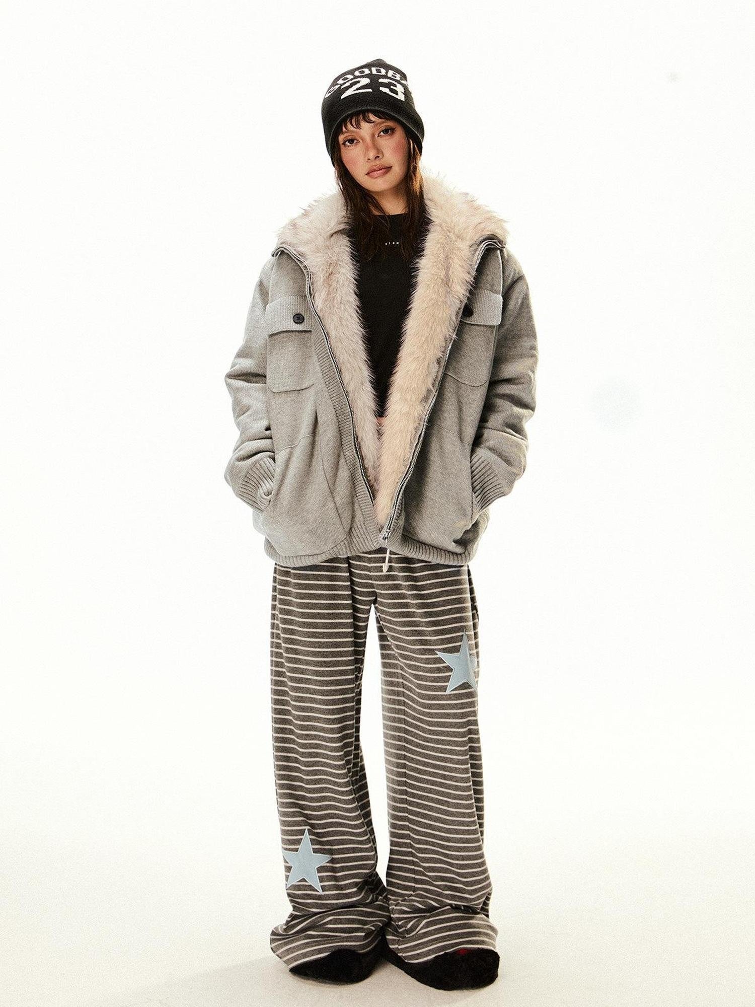 EZEK Fuzzy Solid Knit Stand Collar Zippered Women's Cotton Puffer Jackets