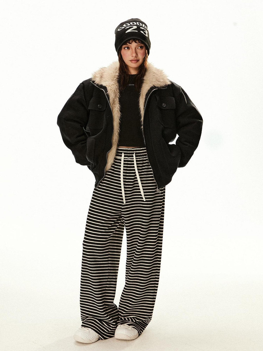EZEK Fuzzy Solid Knit Stand Collar Zippered Women's Cotton Puffer Jackets