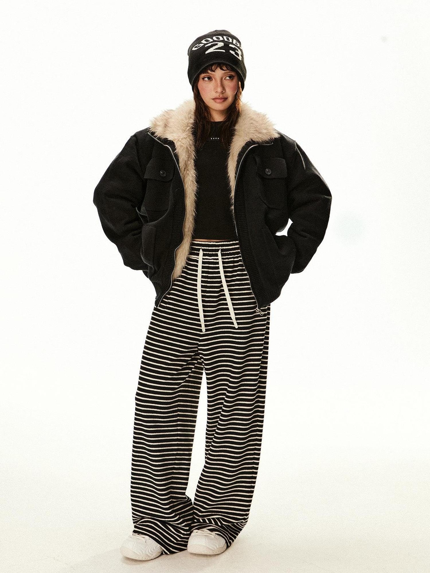 EZEK Fuzzy Solid Knit Stand Collar Zippered Women's Cotton Puffer Jackets