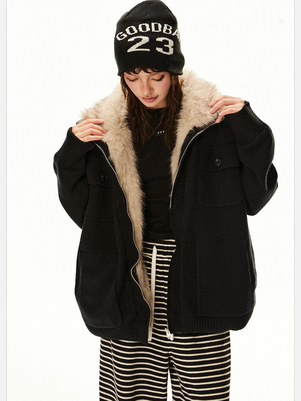 EZEK Fuzzy Solid Knit Stand Collar Zippered Women's Cotton Puffer Jackets