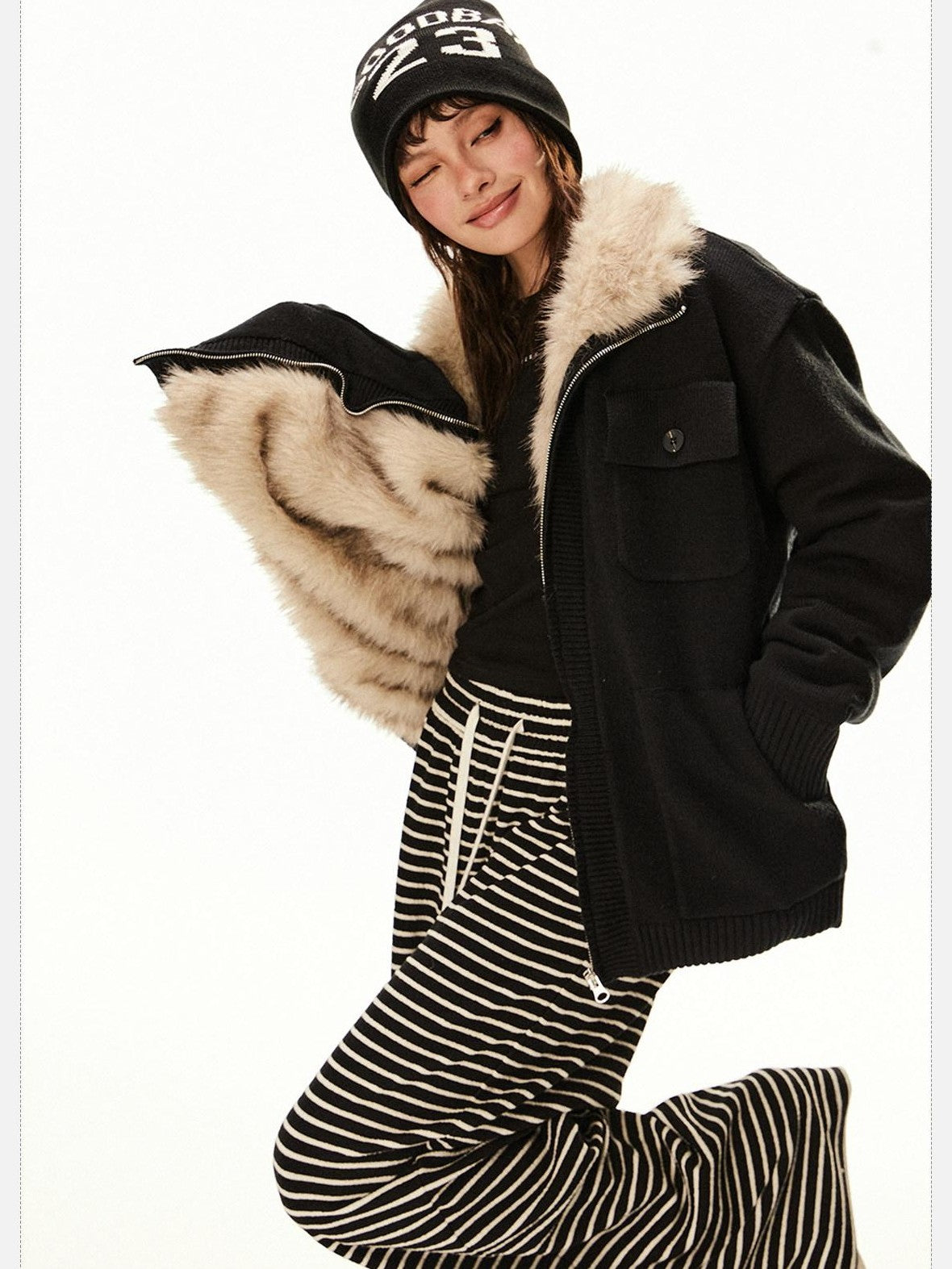 EZEK Fuzzy Solid Knit Stand Collar Zippered Women's Cotton Puffer Jackets