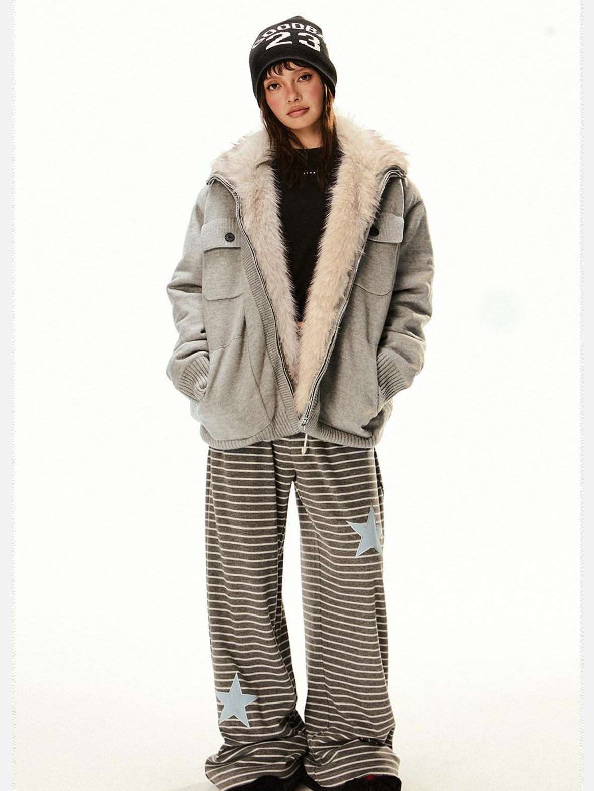 EZEK Fuzzy Solid Knit Stand Collar Zippered Women's Cotton Puffer Jackets