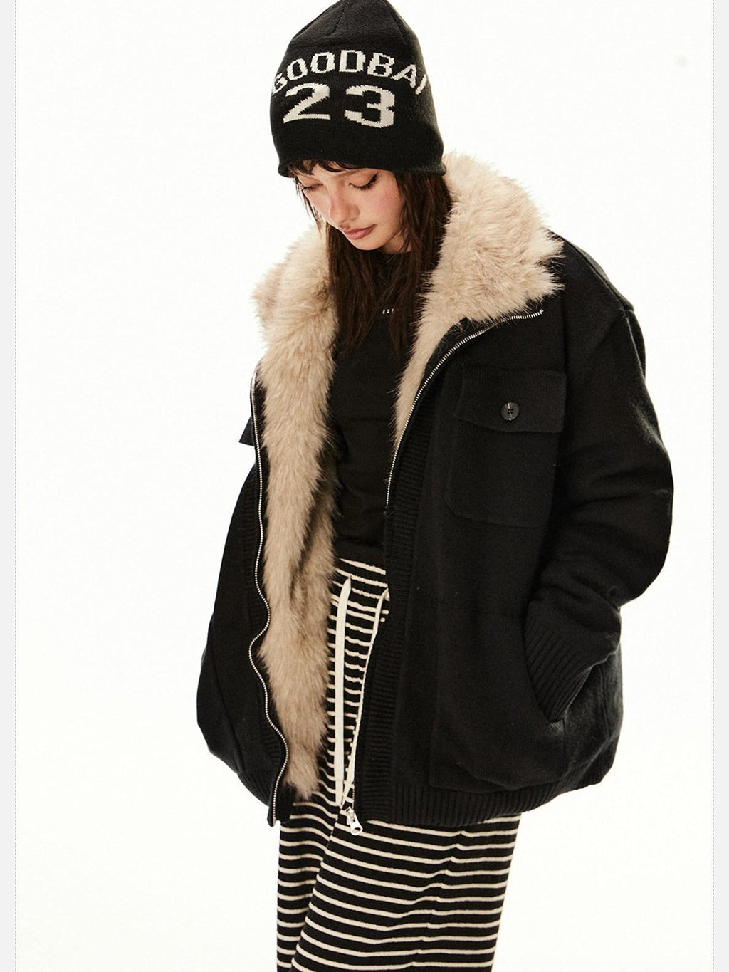 EZEK Fuzzy Solid Knit Stand Collar Zippered Women's Cotton Puffer Jackets