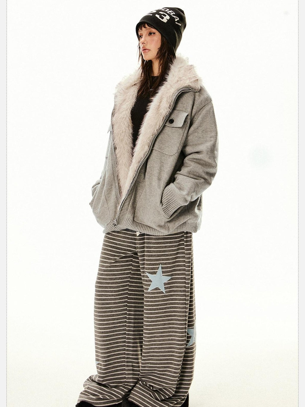 EZEK Fuzzy Solid Knit Stand Collar Zippered Women's Cotton Puffer Jackets