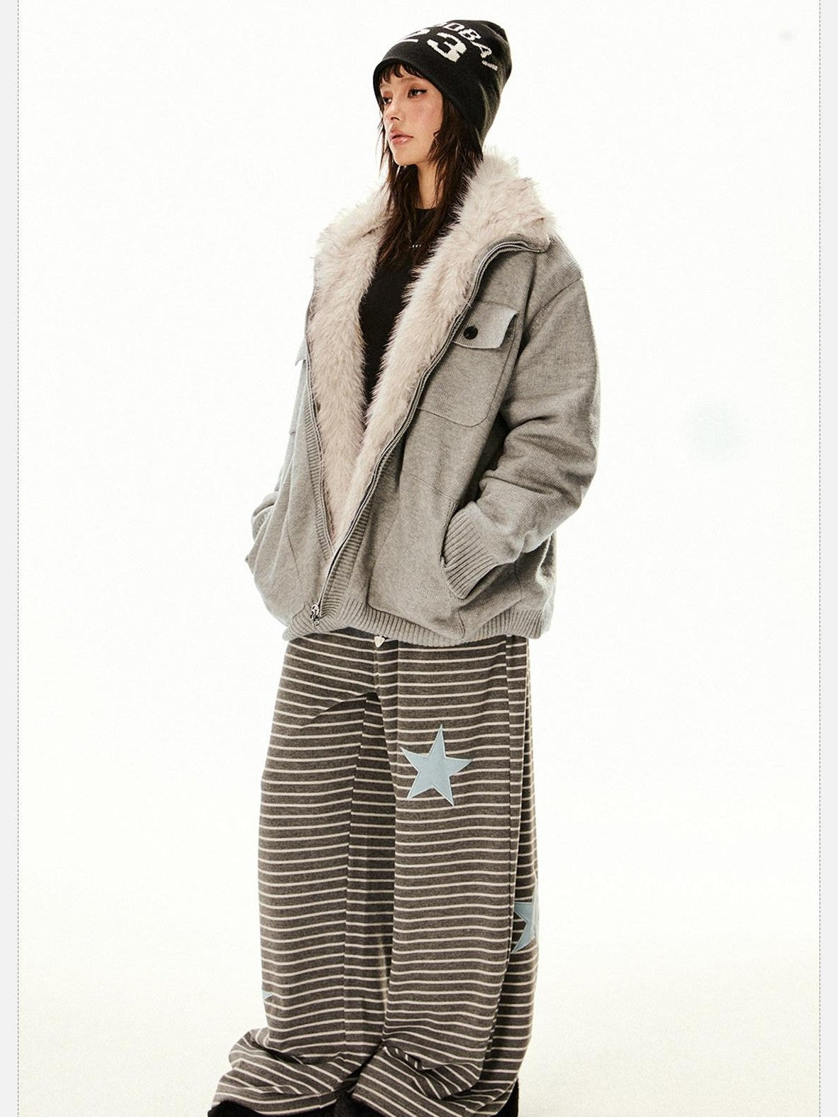 EZEK Fuzzy Solid Knit Stand Collar Zippered Women's Cotton Puffer Jackets