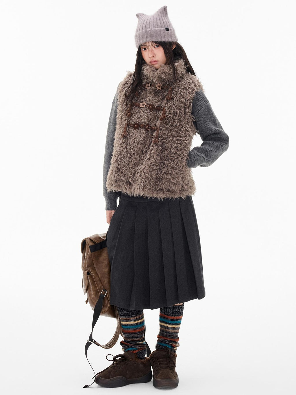 EZEK Fuzzy Star Button Striped Loose Fit Polyester Women's Vests