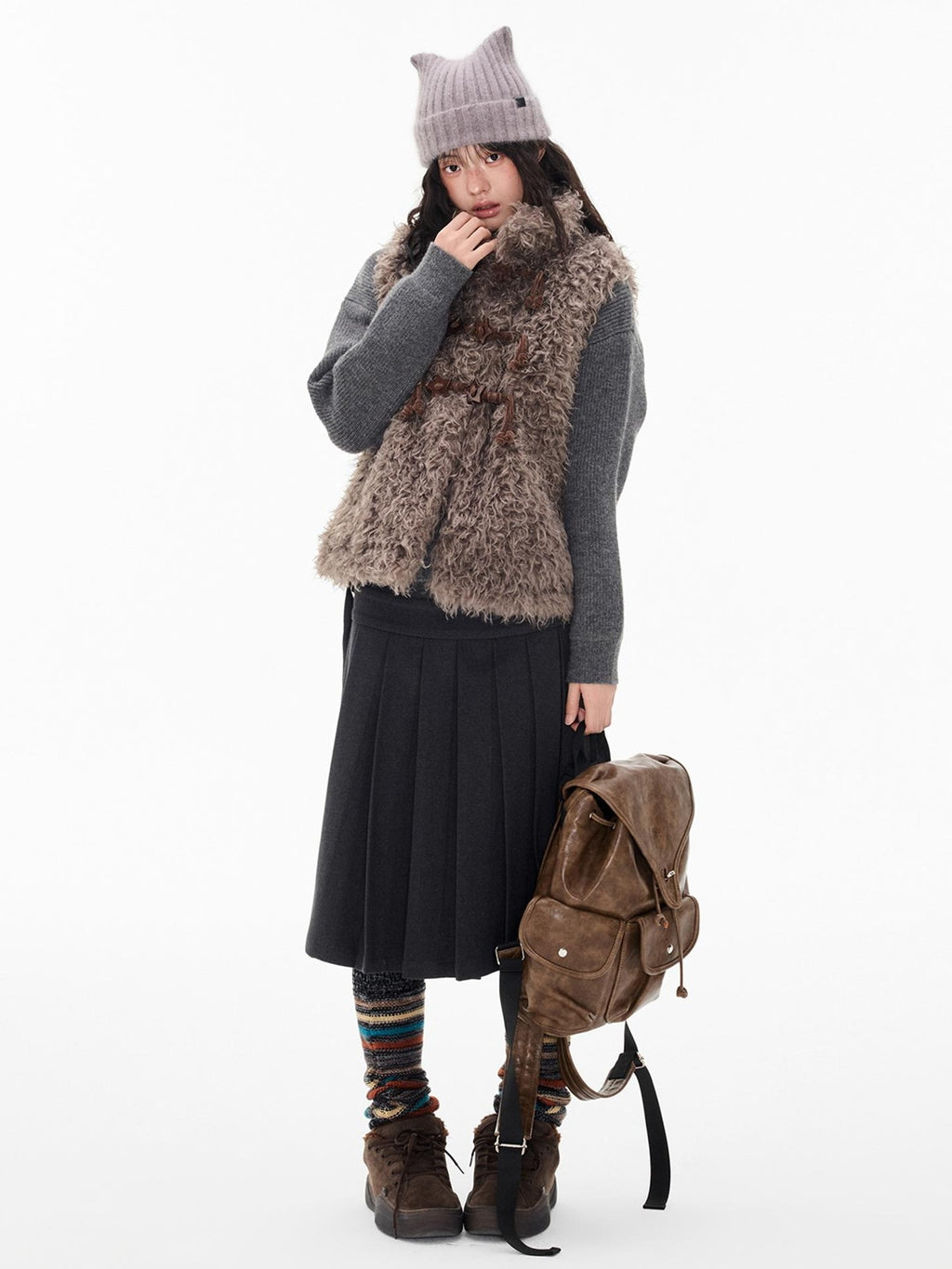 EZEK Fuzzy Star Button Striped Loose Fit Polyester Women's Vests