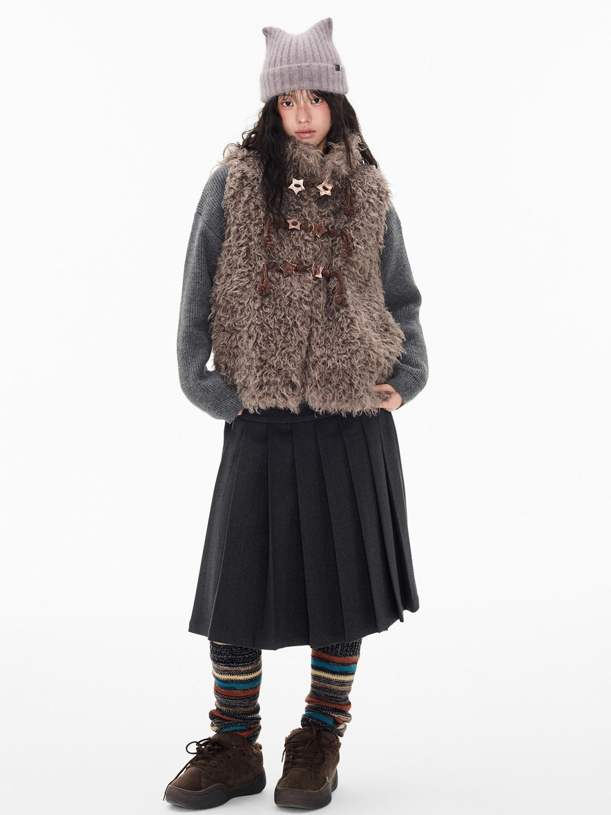 EZEK Fuzzy Star Button Striped Loose Fit Polyester Women's Vests