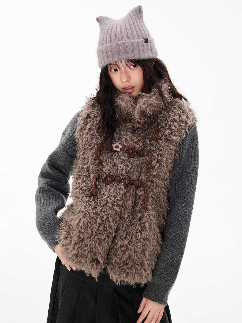 EZEK Fuzzy Star Button Striped Loose Fit Polyester Women's Vests