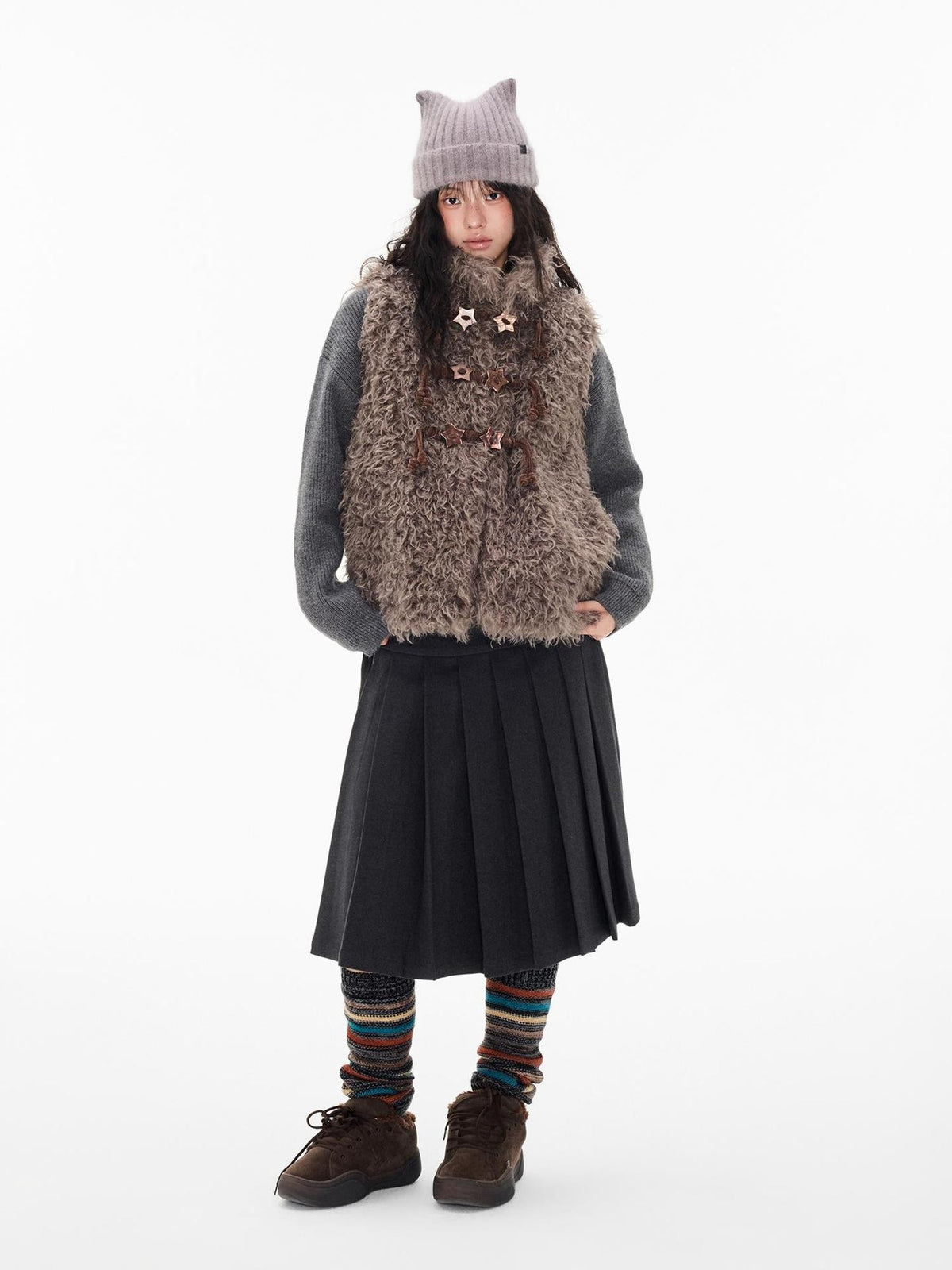 EZEK Fuzzy Star Button Striped Loose Fit Polyester Women's Vests