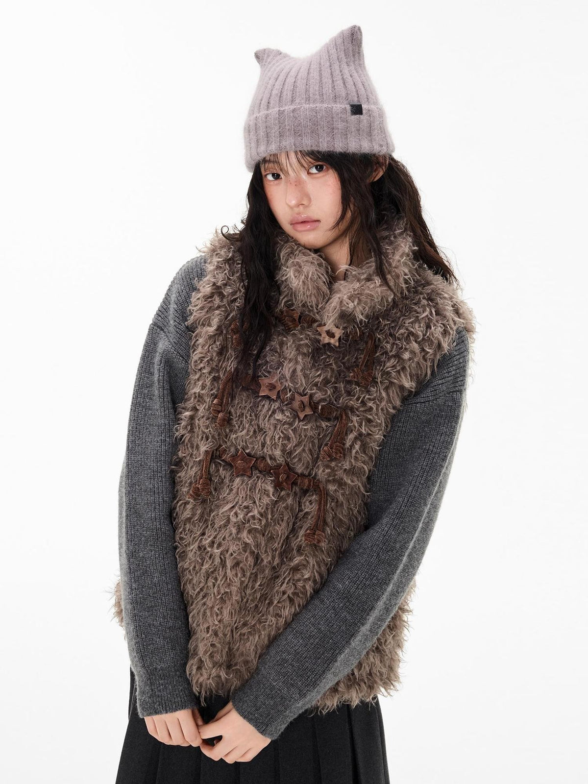 EZEK Fuzzy Star Button Striped Loose Fit Polyester Women's Vests