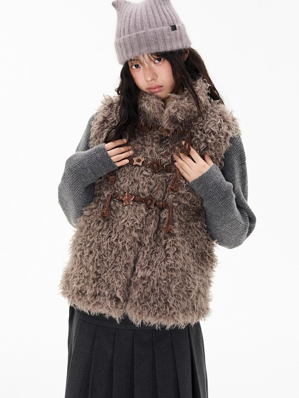 EZEK Fuzzy Star Button Striped Loose Fit Polyester Women's Vests