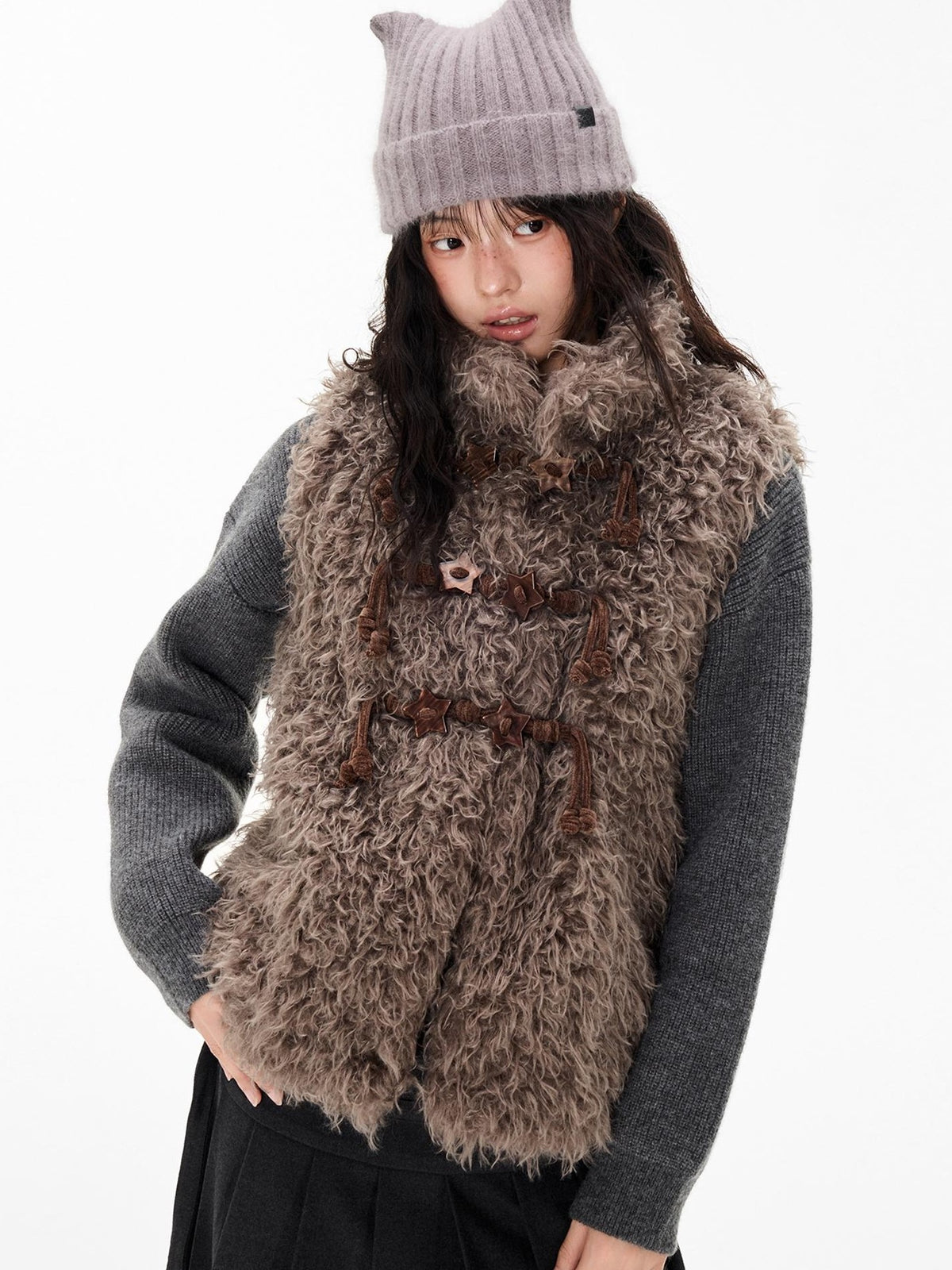 EZEK Fuzzy Star Button Striped Loose Fit Polyester Women's Vests