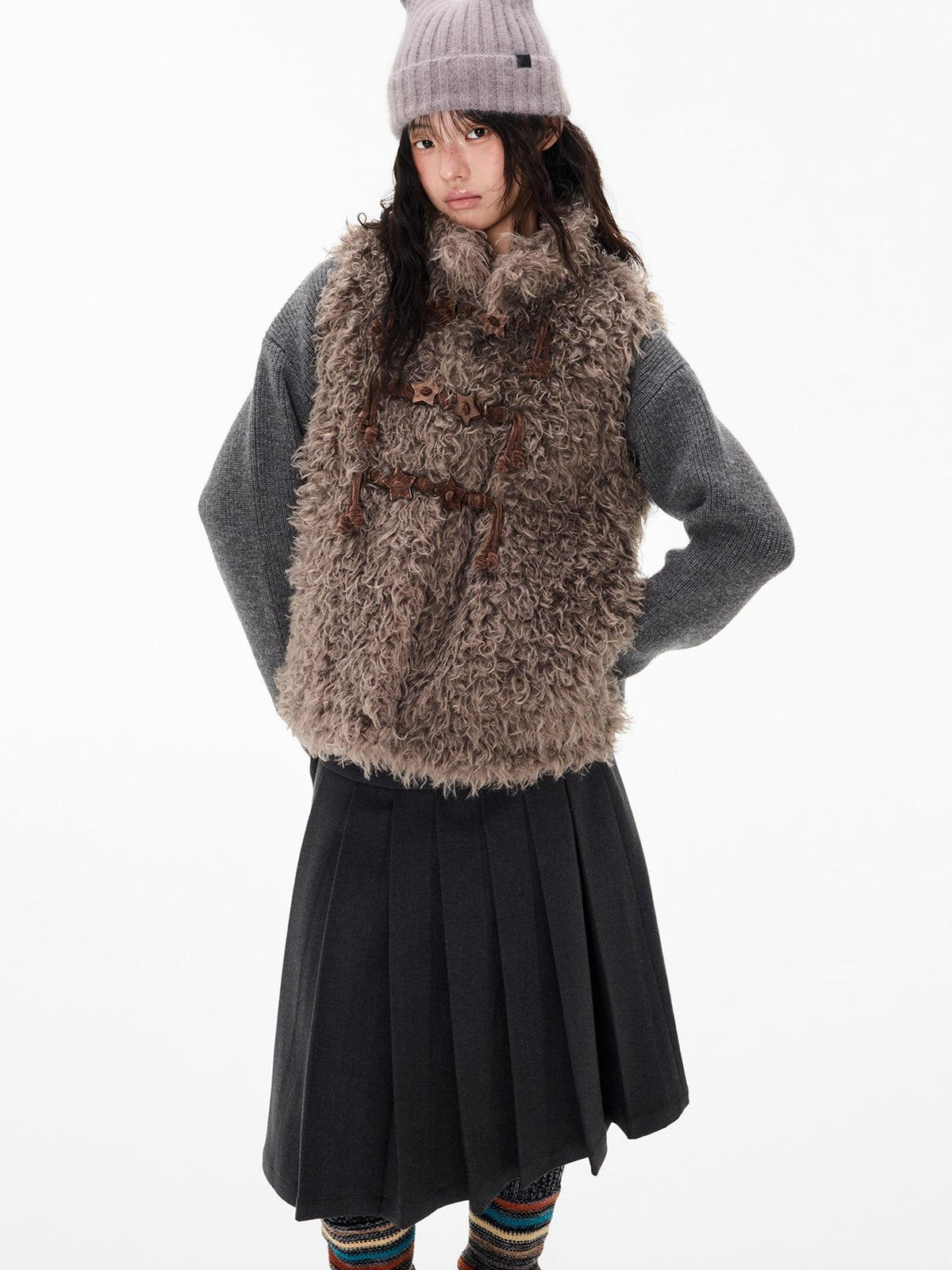 EZEK Fuzzy Star Button Striped Loose Fit Polyester Women's Vests