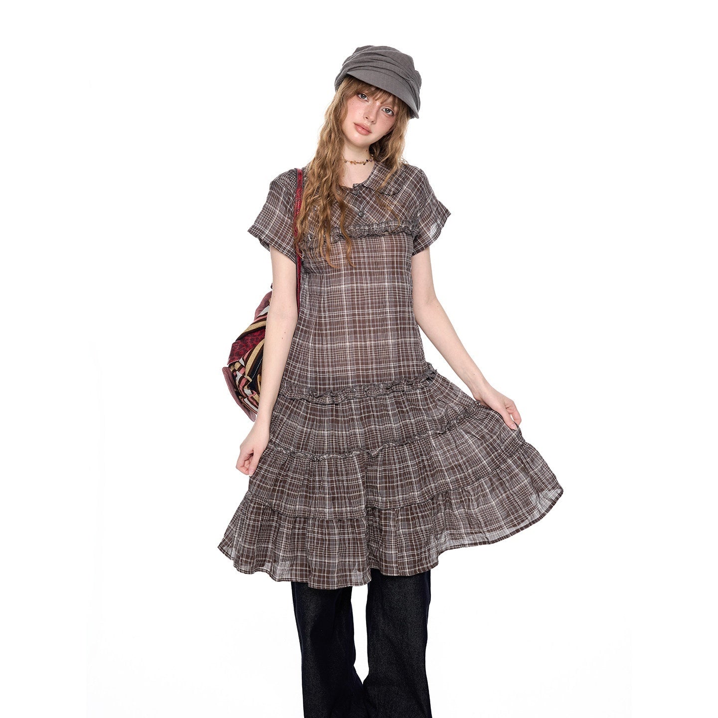 EZEK_Gingham_Lace_Doll_Collar_Ruffled_Women's_Cotton_Babydoll_Midi_Dresses_1047095326821_MISSTT
