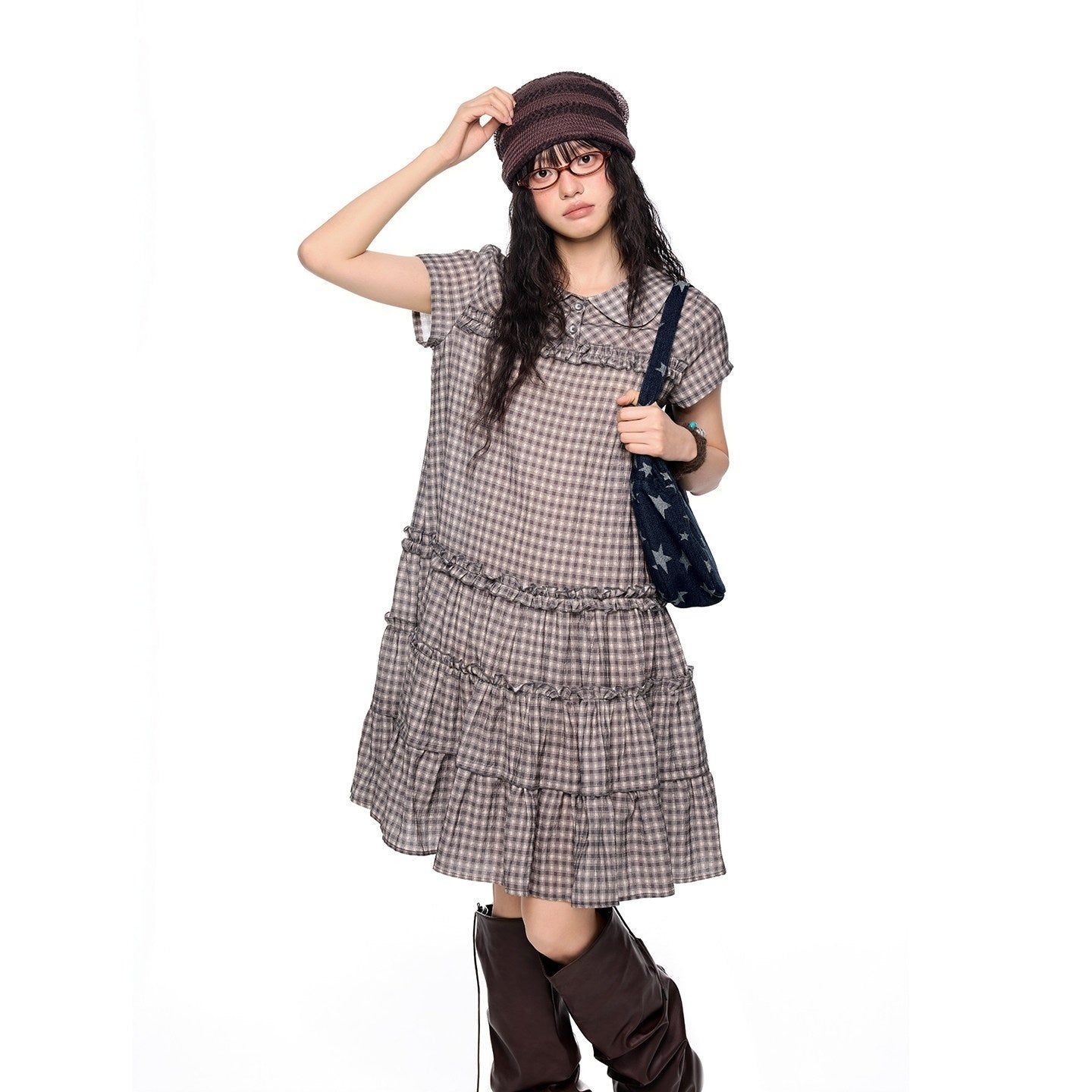 EZEK_Gingham_Lace_Doll_Collar_Ruffled_Women's_Cotton_Babydoll_Midi_Dresses_1047095326821_MISSTT