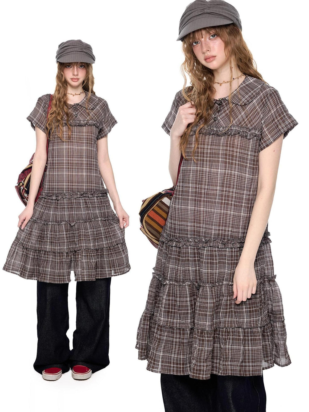 EZEK Gingham Lace Doll Collar Ruffled Women's Cotton Babydoll Midi Dresses