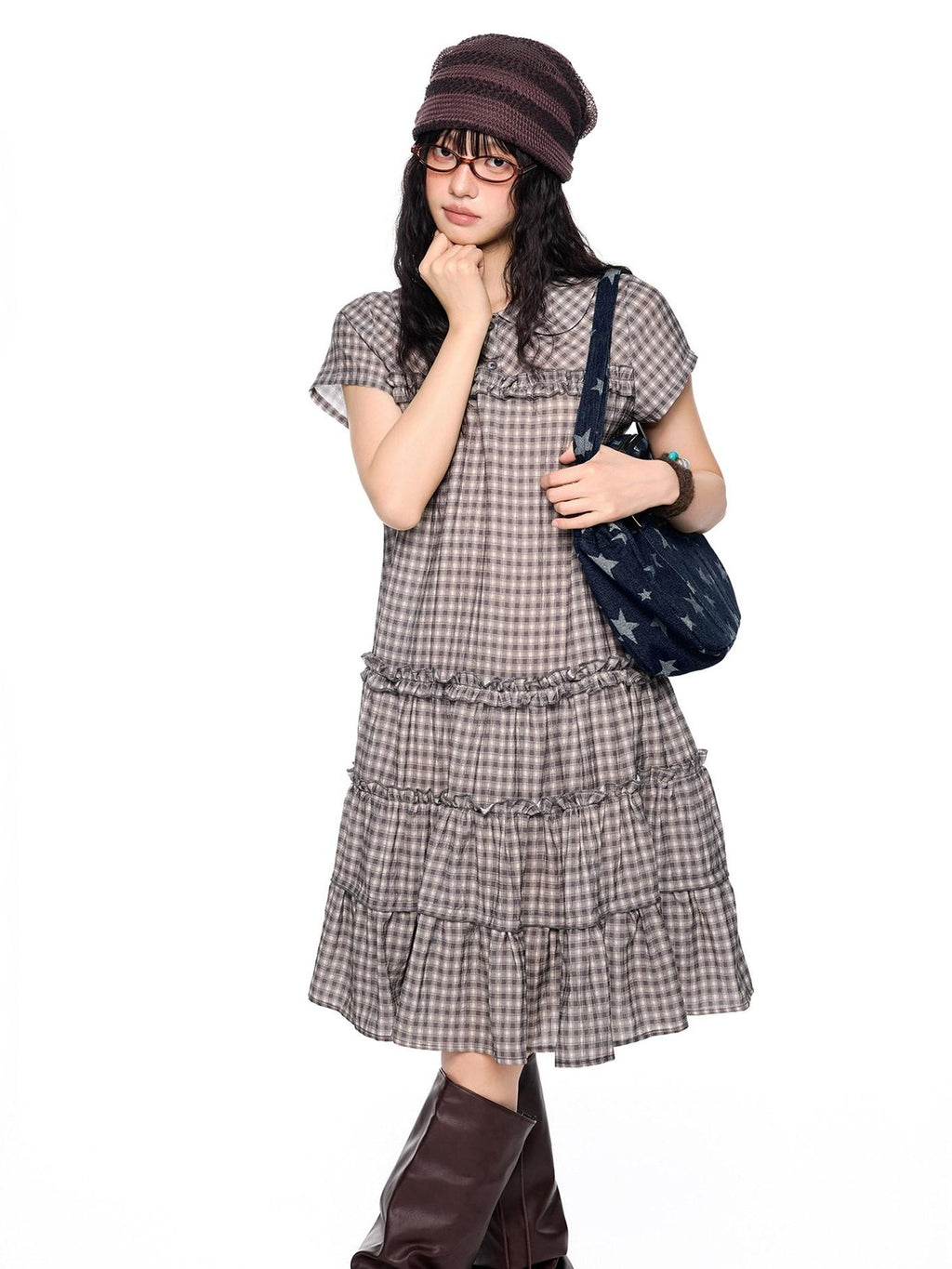 EZEK Gingham Lace Doll Collar Ruffled Women's Cotton Babydoll Midi Dresses