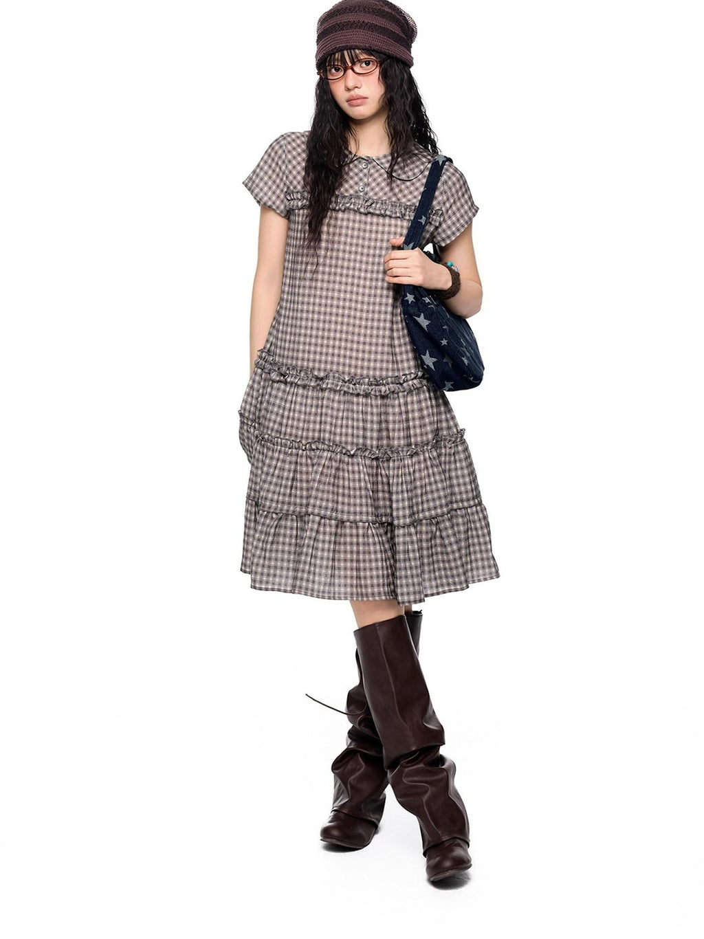 EZEK Gingham Lace Doll Collar Ruffled Women's Cotton Babydoll Midi Dresses