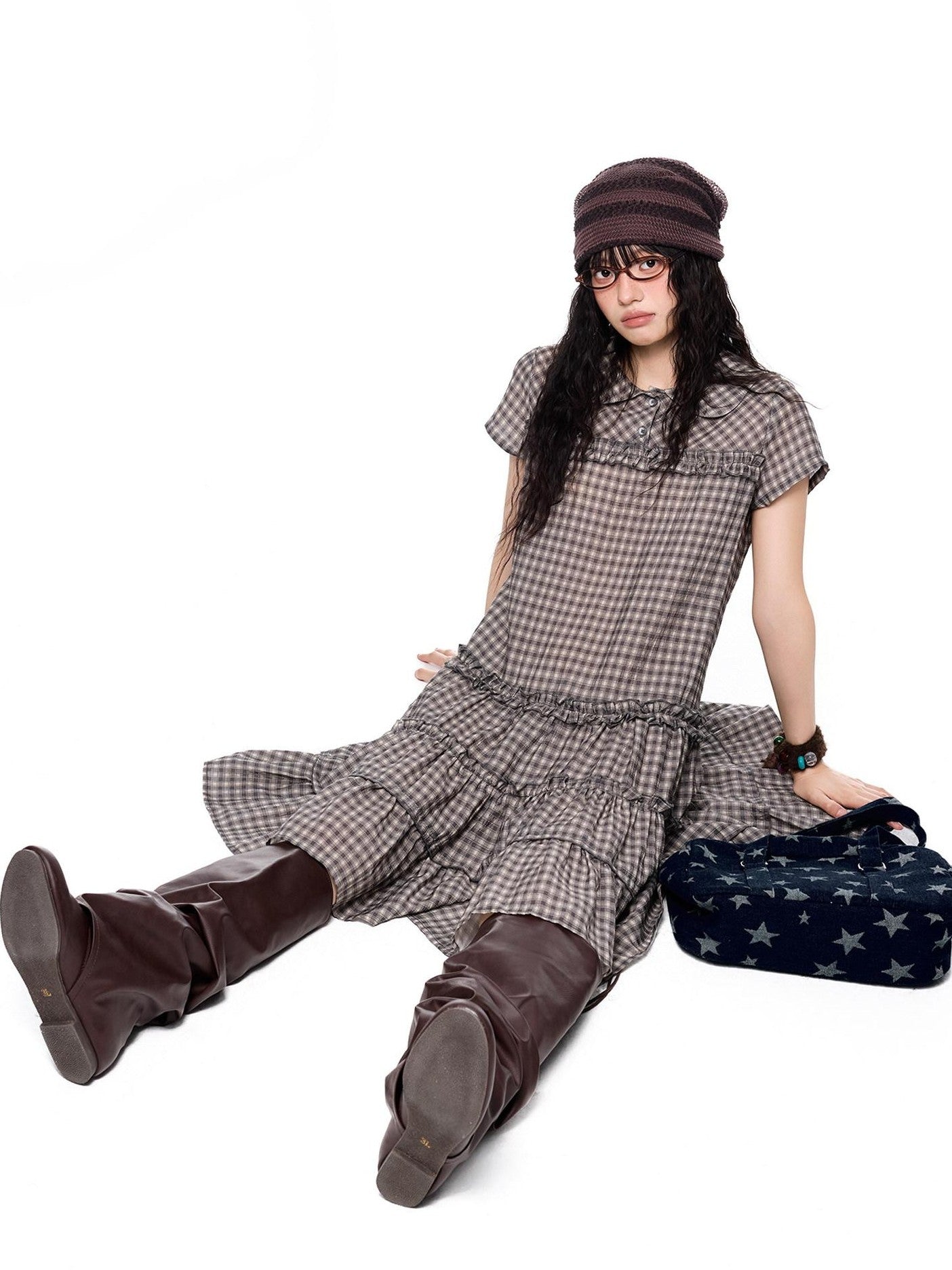 EZEK Gingham Lace Doll Collar Ruffled Women's Cotton Babydoll Midi Dresses