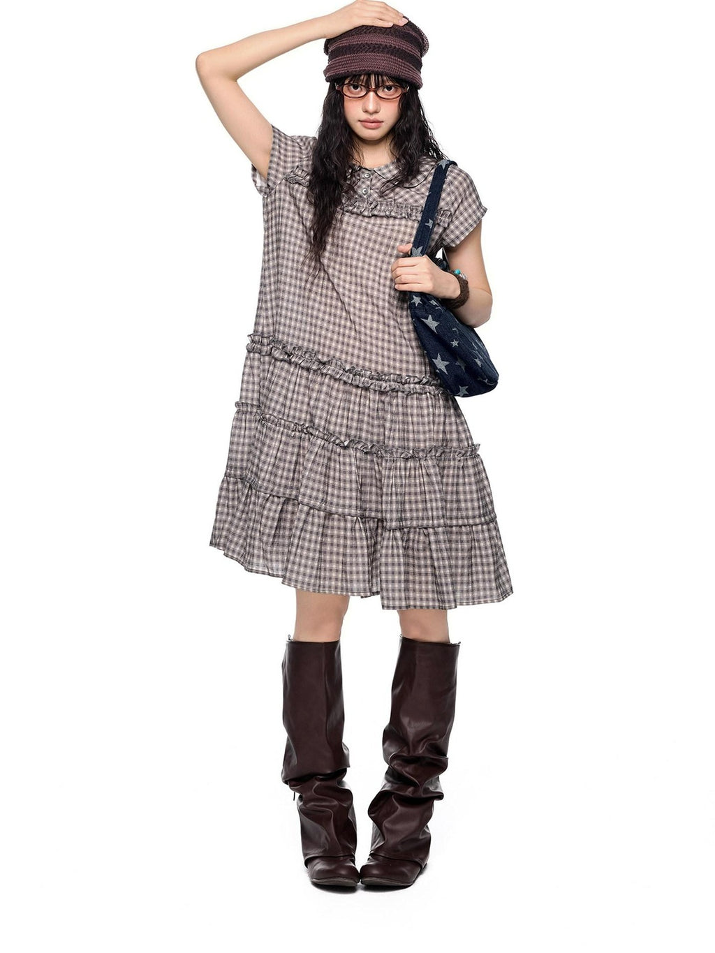 EZEK Gingham Lace Doll Collar Ruffled Women's Cotton Babydoll Midi Dresses