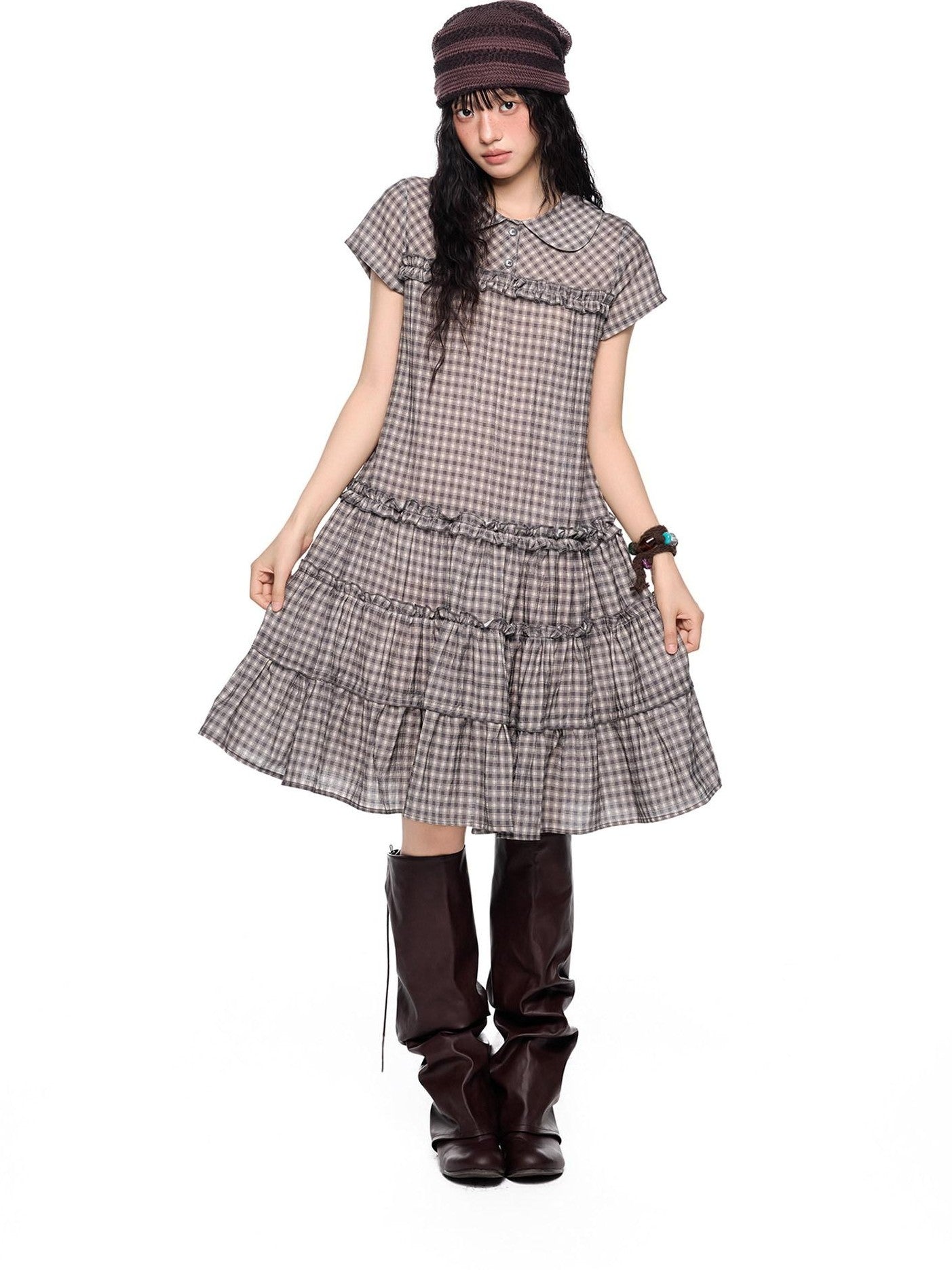 EZEK Gingham Lace Doll Collar Ruffled Women's Cotton Babydoll Midi Dresses